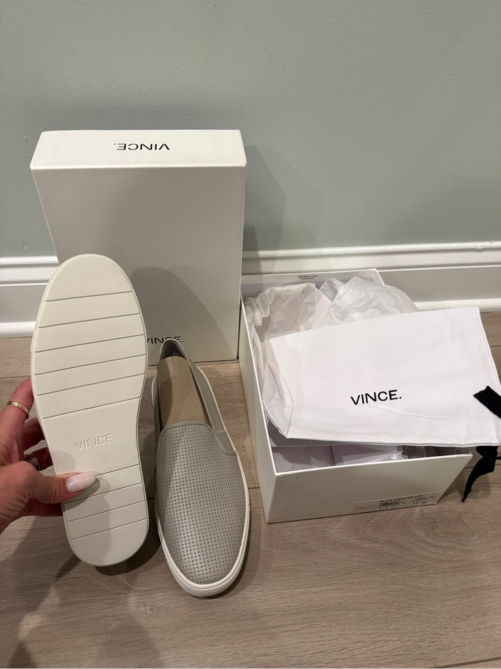 Vince Blair Perforated Leather Slip-On Sneakers in oyster NIB